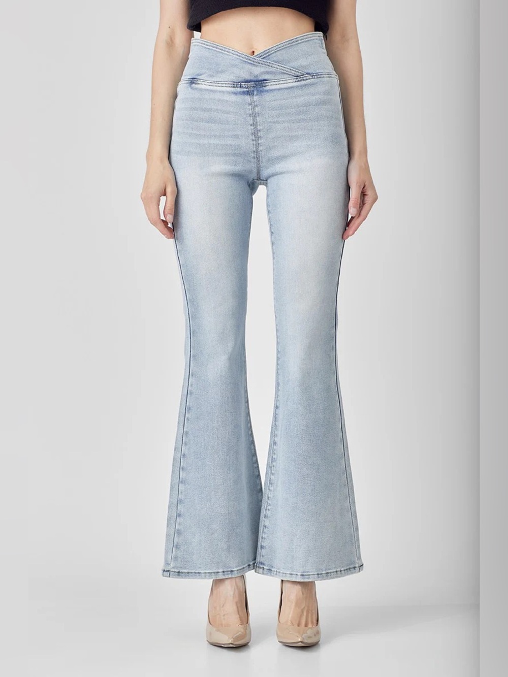 RISEN HIGH RISE FLARE JEANS WITH CROSSOVER WAIST